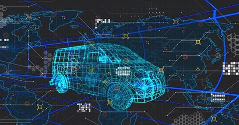 Rotating holographic 3D wireframe van hovering over virtual dashboard, showing Stock Illustration