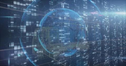 Rotating holographic blue globe projecting data within virtual data wall, Stock Illustration