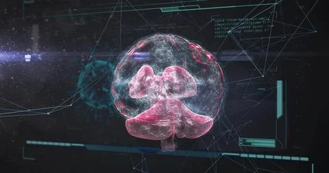 Rotating holographic brain model on interface with grid, schematic panels and 스톡 일러스트