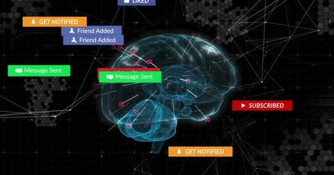 Rotating holographic brain projecting network lines in hexagon grid, with UI Stockillustratie