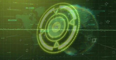 Rotating holographic data wheel showing waveform, numeric readouts, world map in イラスト素材
