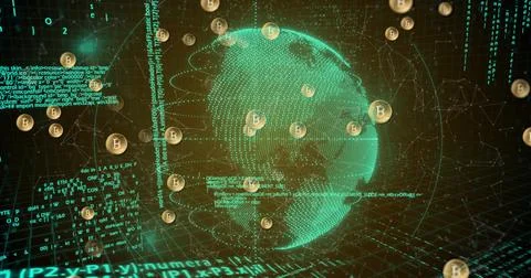 Rotating holographic dot-matrix globe streaming teal lines in cyberspace, with Stock Illustration