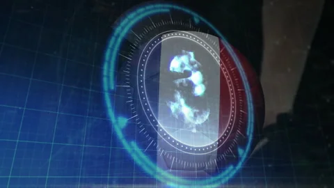 Rotating holographic elements in animation with glowing blue patterns in school Stock Footage 305487116