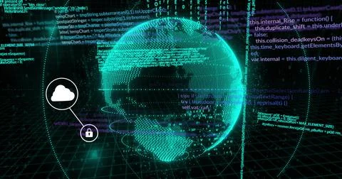 Rotating holographic globe hovering above grid in cyberspace, with cloud padlock イラスト素材