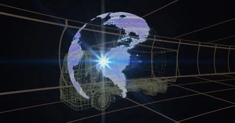 Rotating holographic globe hovering over wireframe truck in virtual schematic Stock Illustration