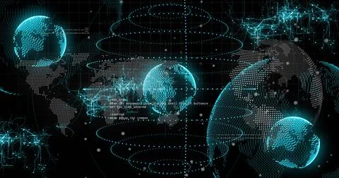 Rotating holographic globe on right side within cyber UI with map rings node Stock Illustration
