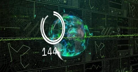 Rotating holographic globe showing progress ring, numeric 144 and green waveform Stock Illustration