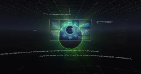 Rotating holographic interface hovering in virtual void, displaying circular  Stockillustratie