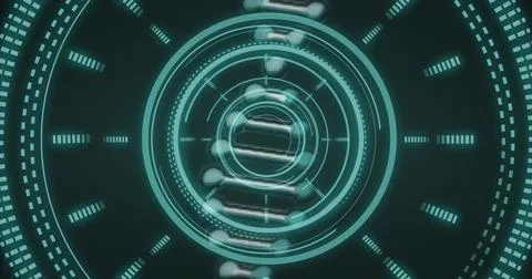 Rotating holographic interface showing concentric rings, reticles, radial tick 스톡 일러스트