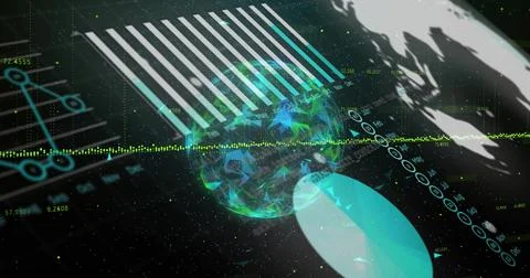 Rotating holographic low-poly globe pulsing in virtual 3D analytics space, with Stock Illustration