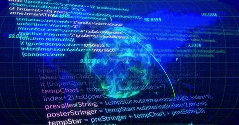 Rotating holographic low-poly globe pulsing in wireframe grid, with code and 스톡 일러스트