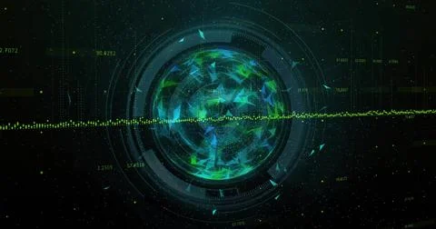 Rotating holographic polyhedral sphere glowing in virtual data space, with HUD Ilustração Stock