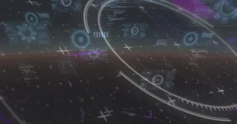 Rotating holographic ring and floating UI panels moving in virtual cockpit, Stock Illustration
