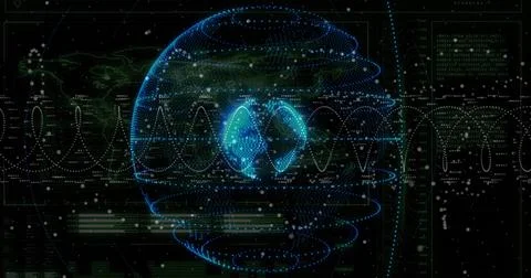 Rotating holographic sphere centered in virtual HUD, emitting blue cyan mesh and Stock Illustration