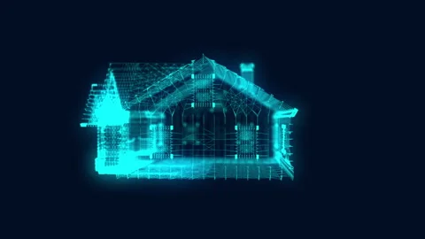 Rotating house model with plexus effect. Geometrical lines with dots structure Stock Footage 236584962