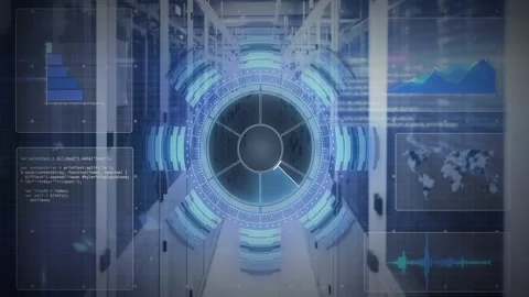 Rotating HUD disk scanning data center, system running diagnostics as panels Stock Footage 330443801