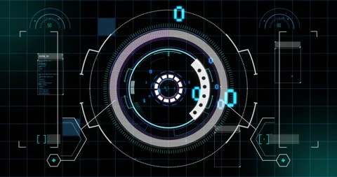 Rotating HUD interface featuring concentric rings streaming binary panels over Stock Footage 307428413