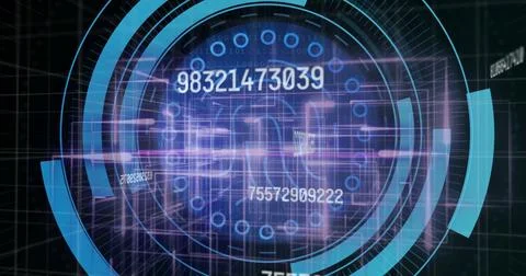 Rotating HUD interface within dark grid space, displaying numeric sequences and Stock Illustration