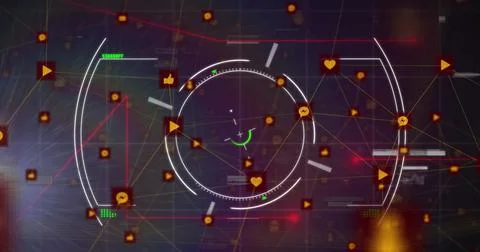 Rotating HUD reticle analyzing data in network interface, showing social media Stock Illustration