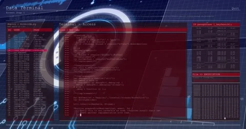Rotating HUD ring causing center red terminal appearing scrolling code and Stock Footage 321700727