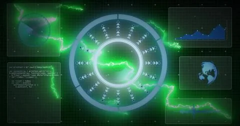 Rotating HUD ring pulsing on dark grid, showing neon arcs, chart, globe, Foto stock