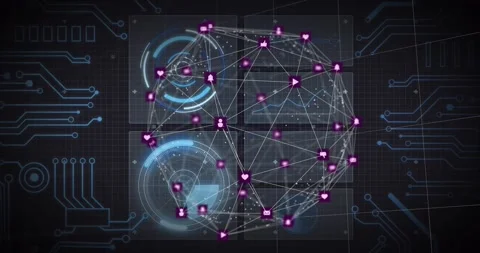 Rotating HUD rings starting network sphere, magenta nodes glowing, lines Stock Footage 328417452