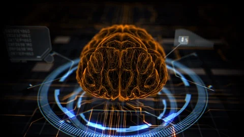Rotating human brain. Orang brain animation in sci-fi style. Plexus structure Video stock 120027859