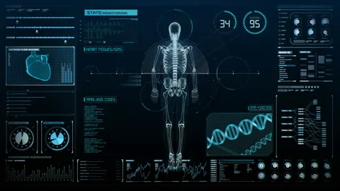 Rotating Human skeletal structure in digital display, UI,  Scanning bone, 4k. Stock Footage 99723413