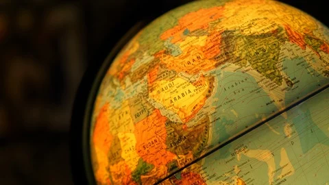 Rotating Illuminated World Globe Built-in LED Bulb. Educational Map. Arabia Stock Footage 113686187