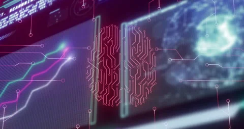 Rotating indicator initiating neon circuit patterns converging into brain icon Stock Footage 313771659