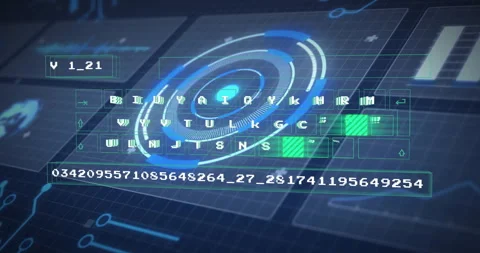 Rotating interface elements with digital code in futuristic data processing Stock Footage 303452292