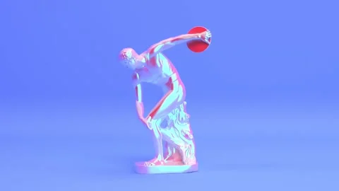 Rotating iridescent shiny discus thrower or discobolus antique roman sculpture Video stock 142958912