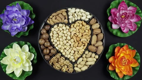 Rotating Kinds Of Nuts In A Gift Wrapped Heart Form On A Black Background. Stock Footage 241582918