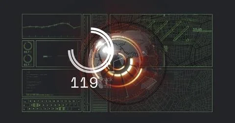 Rotating large glowing circular HUD projecting data on control panel, showing Stock Illustration