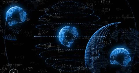 Rotating large glowing dotted globe sitting right front in data space, with Stock Illustration