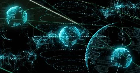 Rotating large glowing teal dotted globe occupying right side in virtual space, Stock Illustration