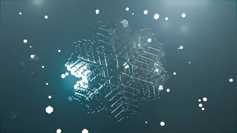 Rotating large hexagonal snowflake catching left teal glow in digital studio Stock Footage 339194185