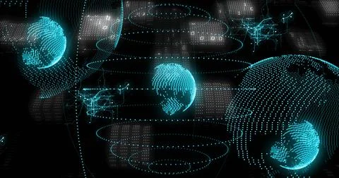 Rotating large holo dotted globe on right, hovering in data space with Stock Photos