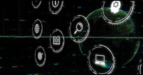 Rotating large point-cloud globe moving in dark virtual data field, showing UI Illustrazione stock