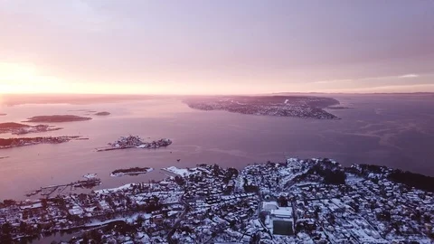 Rotating to the left aerial shot over Oslofjord towards Aker Brygge Stock Footage 102709857