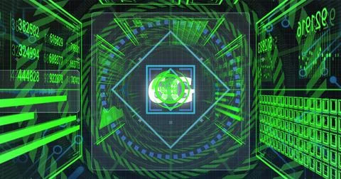 Rotating loading indicator framing diamond interface in command console, Foto stock