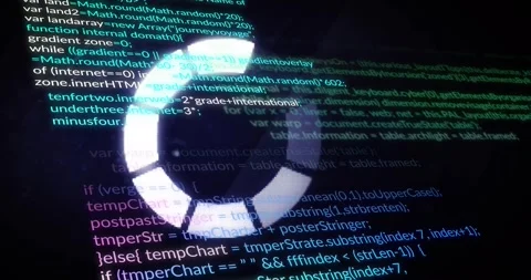 Rotating loading symbol animation over computer code with blue and purple text Stock Footage 329569178