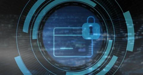 Rotating locked credit card icon in digital tunnel, with padlock symbol and 스톡 사진