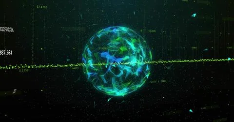 Rotating low poly glowing sphere in virtual data space, with dotted waveform, Stock Illustration