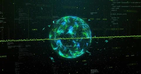 Rotating luminous data sphere reacting to bisecting waveform in data void, Ilustração Stock