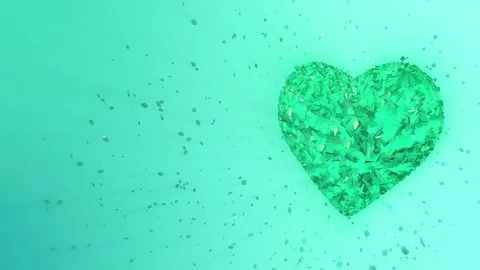 Rotating luminous emerald heart formed pieces and cubes of green spinning Stock-Footage 78523573