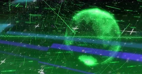 Rotating luminous green particle globe displaying data overlays in virtual HUD, Stock Illustration