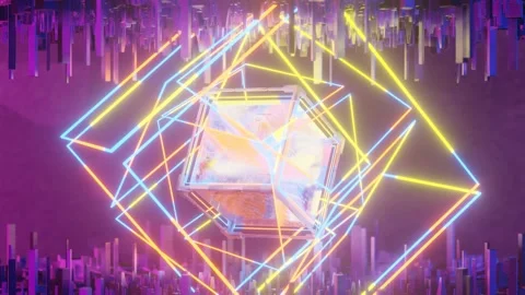 Rotating luminous lines of yellow, blue, orange. Neon cubes revolve around a Stock Footage 205744693