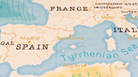 A Rotating Map Centered on Barcelona. Stock Footage 243474041