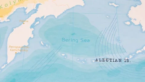 A Rotating Map Centered on Bering Sea. Stock Footage 243443532